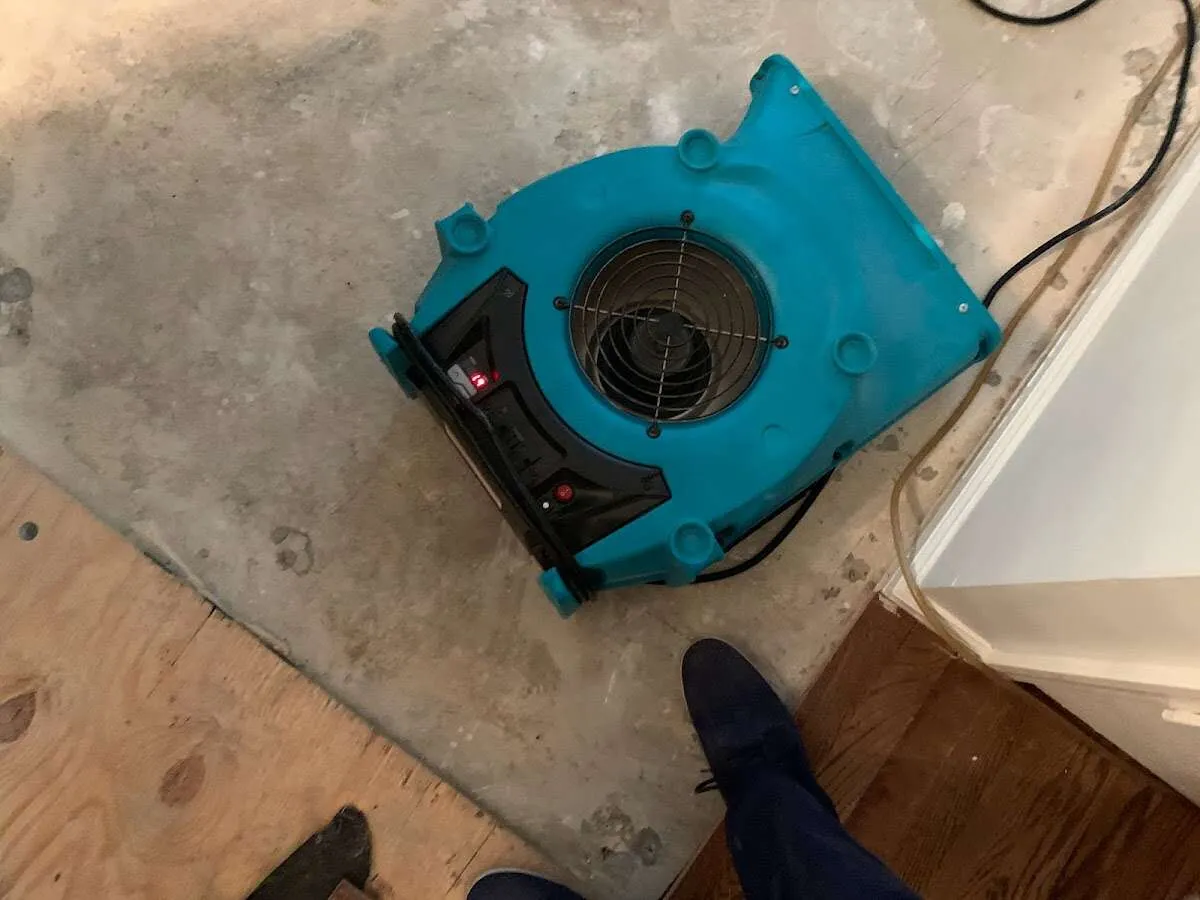 Air mover drying subfloor during Commercial Water Damage Restoration in Belle Chasse